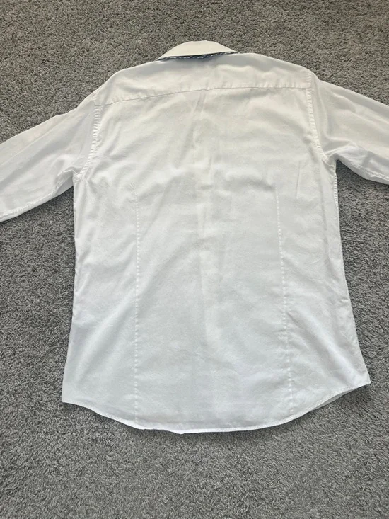 Bogosse White Men's Button-Down Shirt with Blue Plaid Trim Flip Cuffs Size 4 (L) - Picture 2 of 15